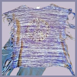 U Go Girl Purple Sparkly Rhinestone Peace Sign Fringe Top